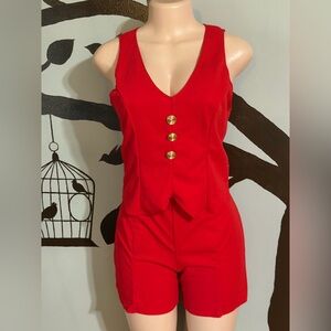 Red Sleeveless V-Neck Jumpsuit with Gold Buttons